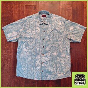 Tommy Bahama Tropical Leaf Button Up Silk Shirt Blue XL Summer Beach Retirement